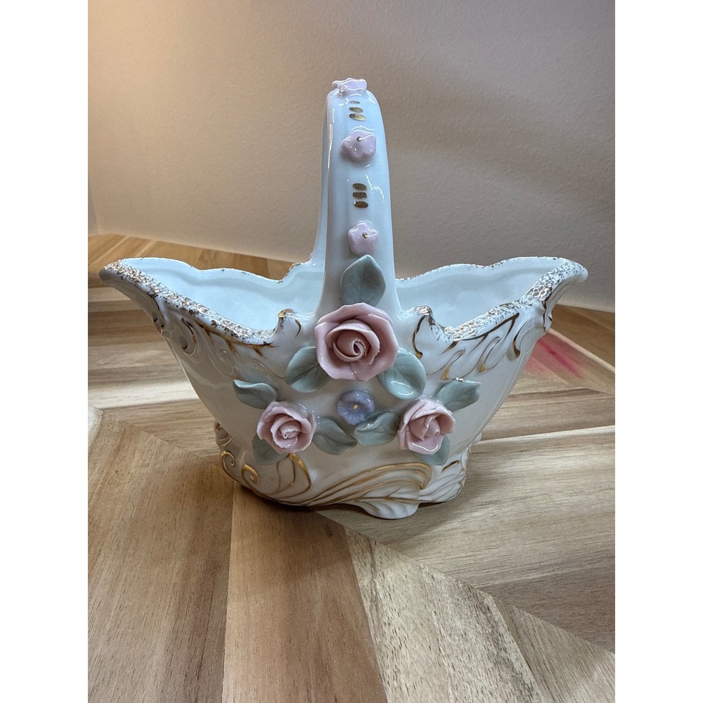 White Ceramic Rose Flower Basket Handle Trinket Dish Vintage Japan - Picture 3 of 7